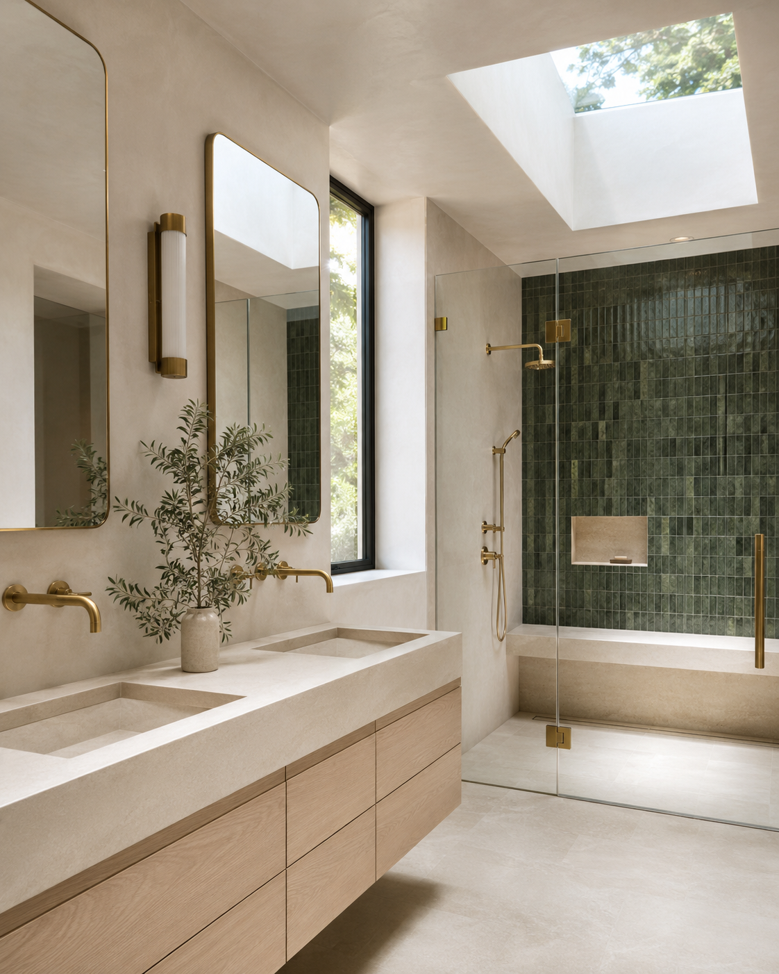 White oak and green tile bathroom design inspiration