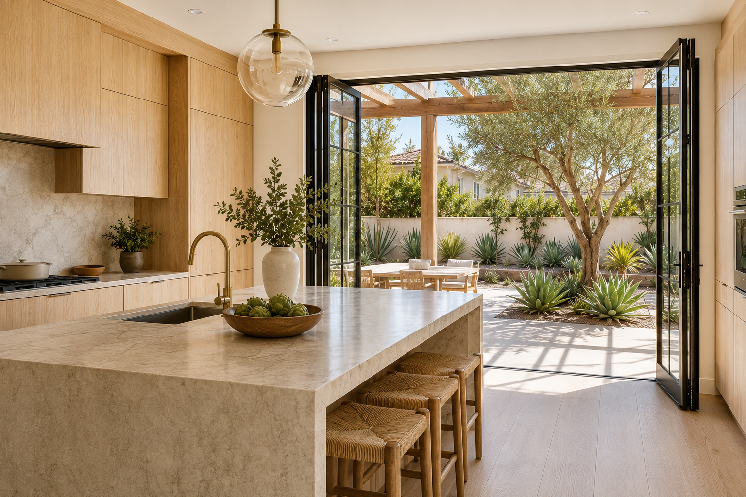 Bright white oak kitchen opening to a landscaped California courtyard